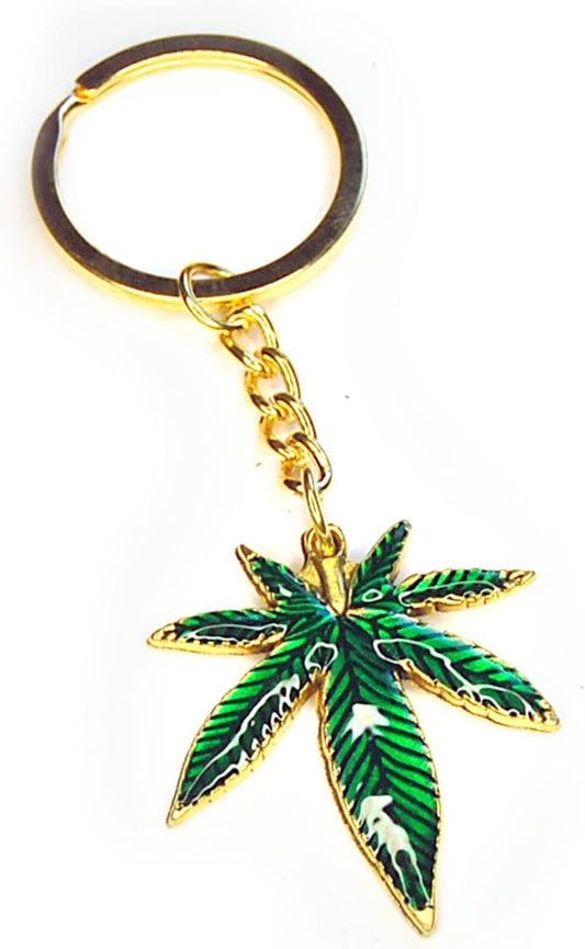 Breloczek do kluczy z liści konopi zielono - złoty 4:20 Weed - PuffoShop