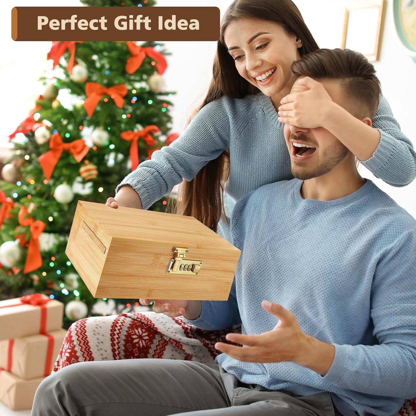 Duży zestaw bambusowych pudełek do przechowywania z zamkiem szyfrowym, dekoracyjne drewniane pudełko do przechowywania ze zdejmowaną tacą na kółkach, młynek, 2 szklane słoiczki, szczotka, 2 - PuffoShop