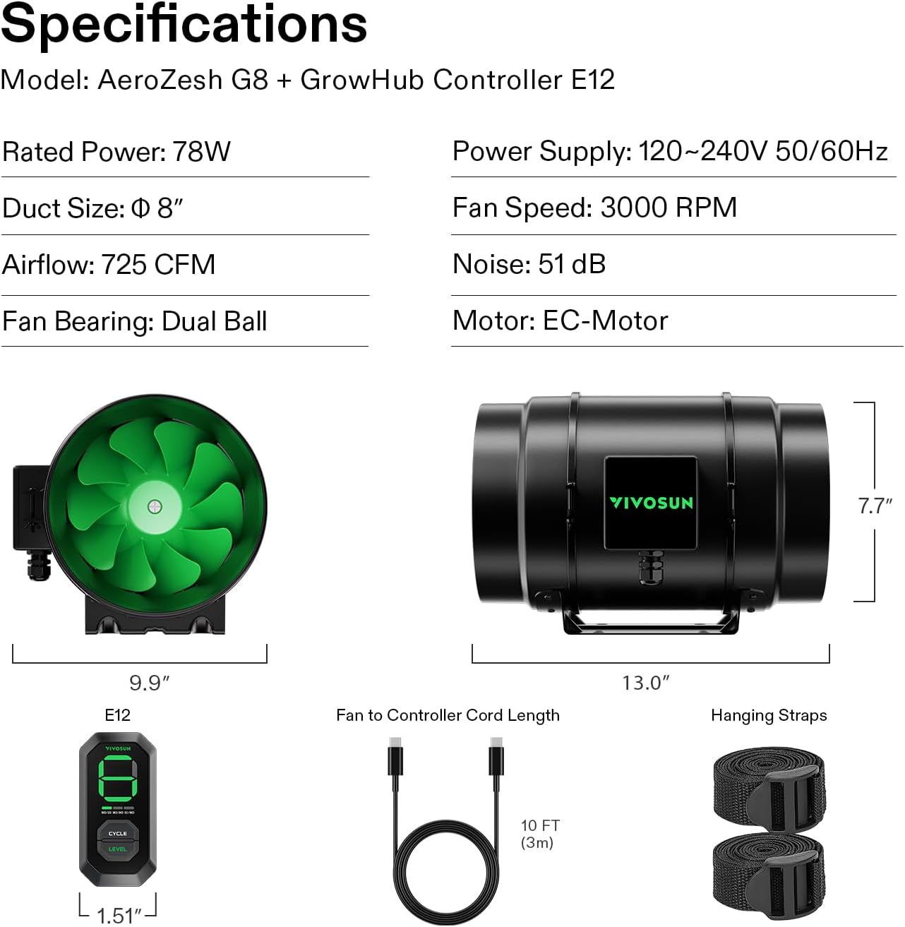 VIVOSUN AeroZesh G8 20.3 cm 725 CFM, wentylator kanałowy rzędowy z kontrolerem prędkości E12, w pełni programowalny wentylator EC sterowany PWM do wentylacji namiotów - PuffoShop