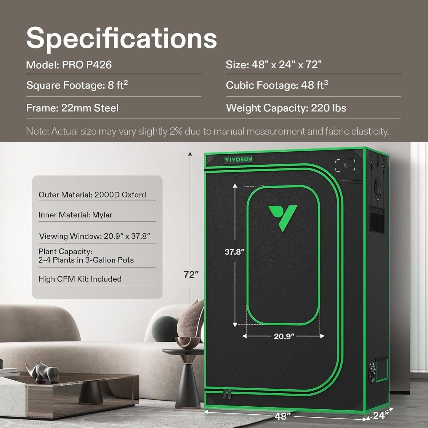 VIVOSUN P426 Tente de Culture Pro 122 x 61 x 183 cm, z potełami grubymi 2,5 cm, tkaninem Oxford Mylar wysokiej odległości odbicia, dodatkowymi sznurkami zawiasowymi i wysokim zestawem CFM - PuffoShop