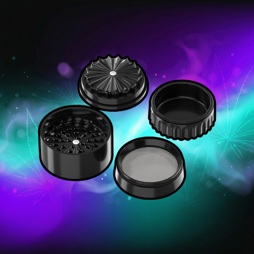 Premium Toothless Ceramic Grinder Calabasas czarny | Bezzębny | Powłoka nano-ceramiczna | 5-częściowy | Młynek do kwiatów (Flower) (Mill) | w zestawie pokrywka do przechowywania i drobne sitko (czarny