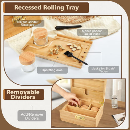 Duży zestaw bambusowych pudełek do przechowywania z zamkiem szyfrowym, dekoracyjne drewniane pudełko do przechowywania ze zdejmowaną tacą na kółkach, młynek, 2 szklane słoiczki, szczotka, 2 - PuffoShop