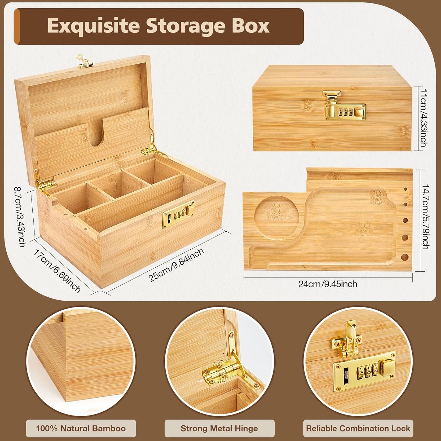 Duży zestaw bambusowych pudełek do przechowywania z zamkiem szyfrowym, dekoracyjne drewniane pudełko do przechowywania ze zdejmowaną tacą na kółkach, młynek, 2 szklane słoiczki, szczotka, 2 - PuffoShop