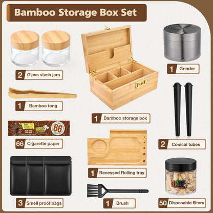 Duży zestaw bambusowych pudełek do przechowywania z zamkiem szyfrowym, dekoracyjne drewniane pudełko do przechowywania ze zdejmowaną tacą na kółkach, młynek, 2 szklane słoiczki, szczotka, 2 - PuffoShop