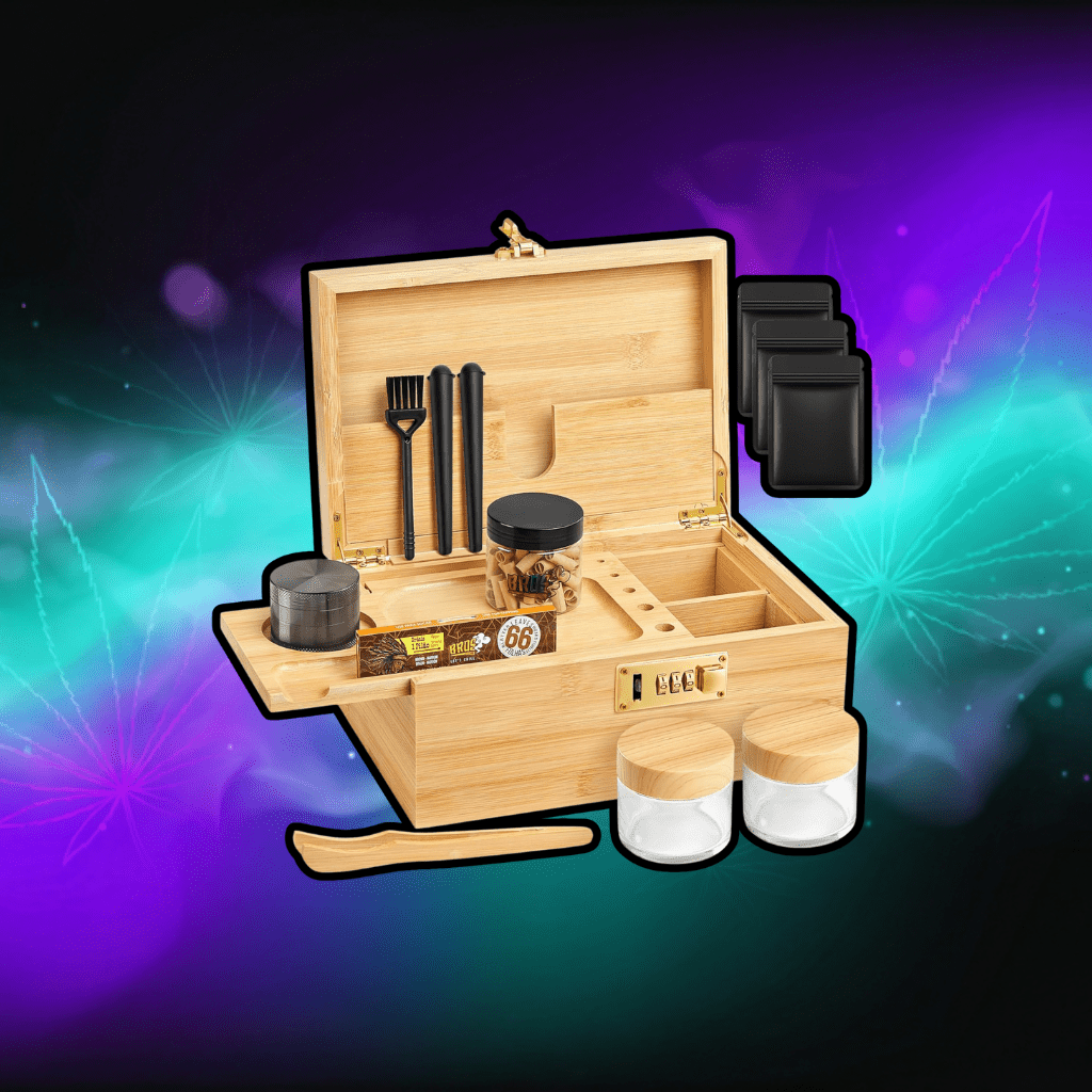 Duży zestaw bambusowych pudełek do przechowywania z zamkiem szyfrowym, dekoracyjne drewniane pudełko do przechowywania ze zdejmowaną tacą na kółkach, młynek, 2 szklane słoiczki, szczotka, 2 - PuffoShop