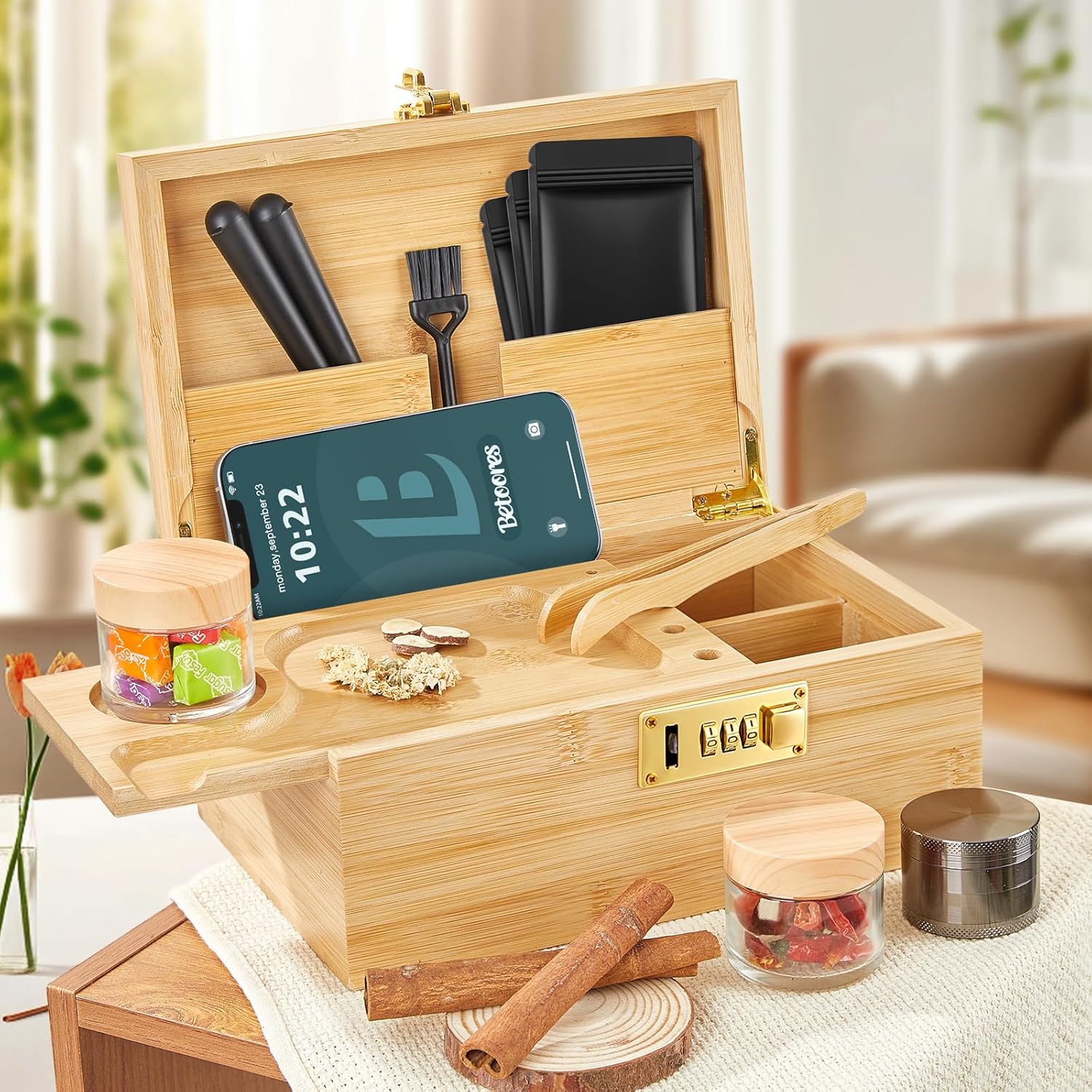 Duży zestaw bambusowych pudełek do przechowywania z zamkiem szyfrowym, dekoracyjne drewniane pudełko do przechowywania ze zdejmowaną tacą na kółkach, młynek, 2 szklane słoiczki, szczotka, 2 - PuffoShop