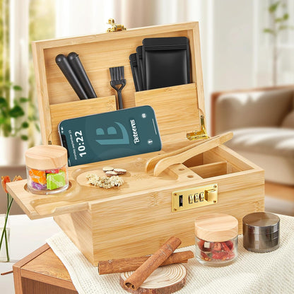 Duży zestaw bambusowych pudełek do przechowywania z zamkiem szyfrowym, dekoracyjne drewniane pudełko do przechowywania ze zdejmowaną tacą na kółkach, młynek, 2 szklane słoiczki, szczotka, 2 - PuffoShop