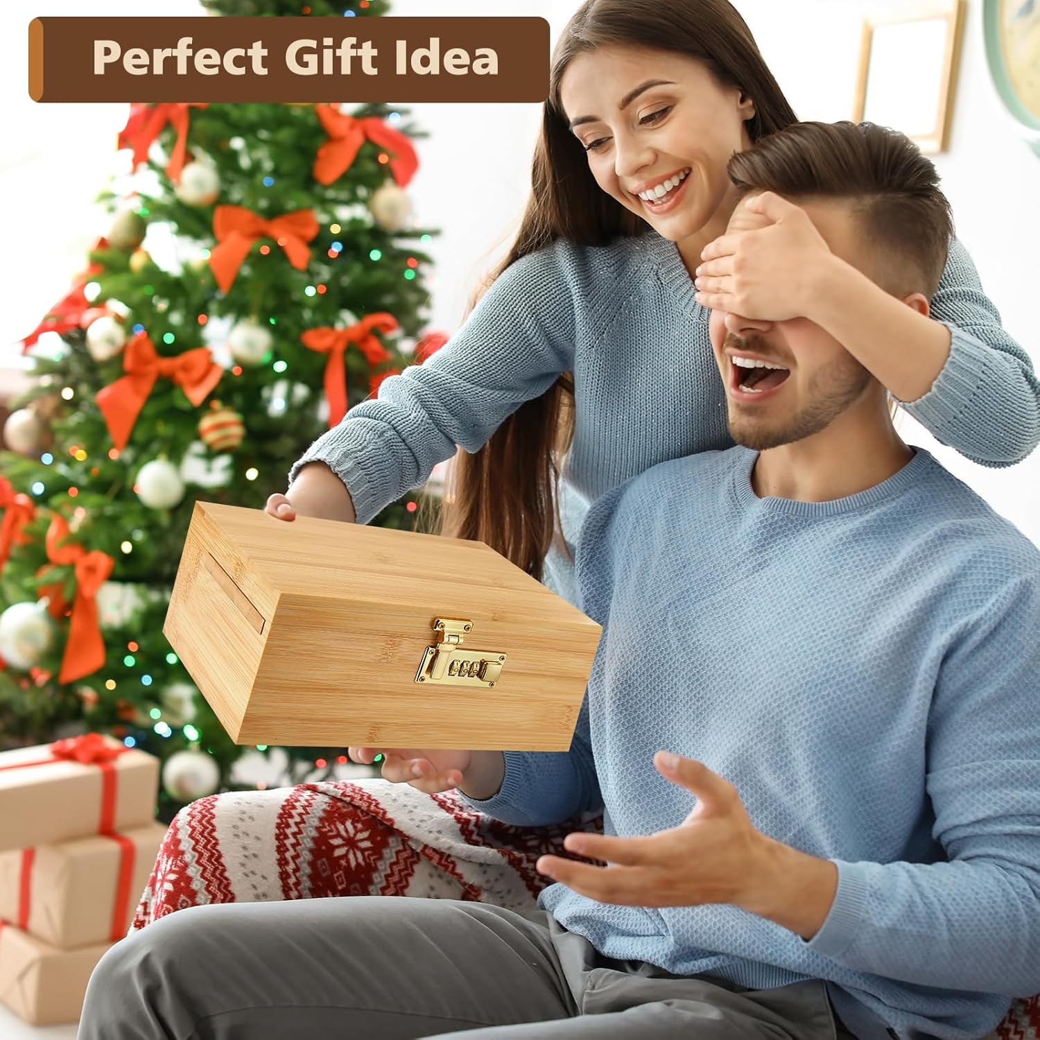 Duży zestaw bambusowych pudełek do przechowywania z zamkiem szyfrowym, dekoracyjne drewniane pudełko do przechowywania ze zdejmowaną tacą na kółkach, młynek, 2 szklane słoiczki, szczotka, 2 - PuffoShop