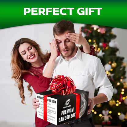 HOVANZO Duże pudełko bambusowe premium – ozdobne pudełko do przechowywania z zamkiem szyfrowym – drewniane pudełko do przechowywania z tacą na kółkach – drewniane pudełko do przechowywania z - PuffoShop