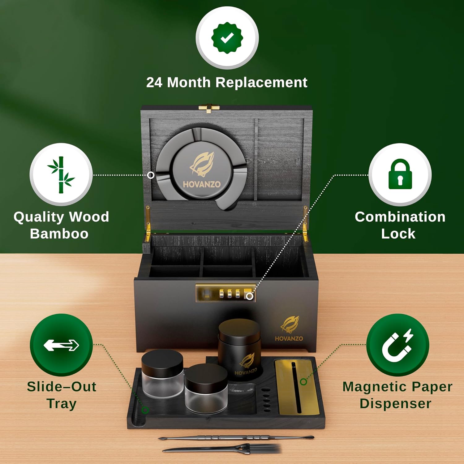 HOVANZO Duże pudełko bambusowe premium – ozdobne pudełko do przechowywania z zamkiem szyfrowym – drewniane pudełko do przechowywania z tacą na kółkach – drewniane pudełko do przechowywania z - PuffoShop