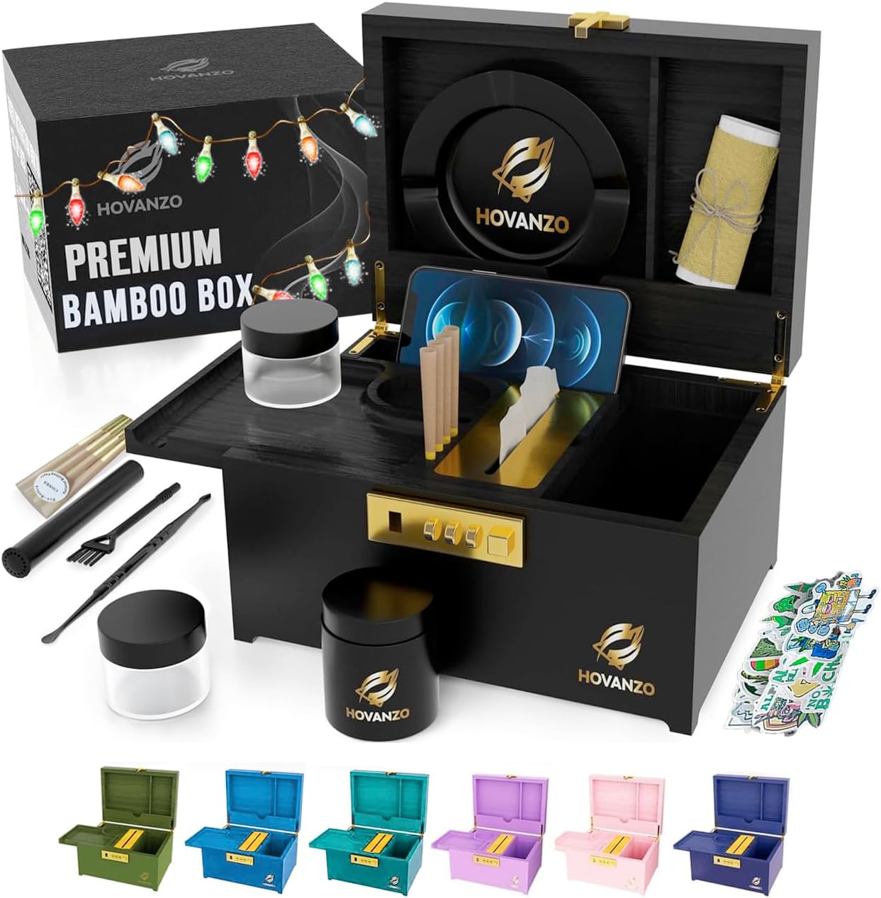 HOVANZO Duże pudełko bambusowe premium – ozdobne pudełko do przechowywania z zamkiem szyfrowym – drewniane pudełko do przechowywania z tacą na kółkach – drewniane pudełko do przechowywania z - PuffoShop