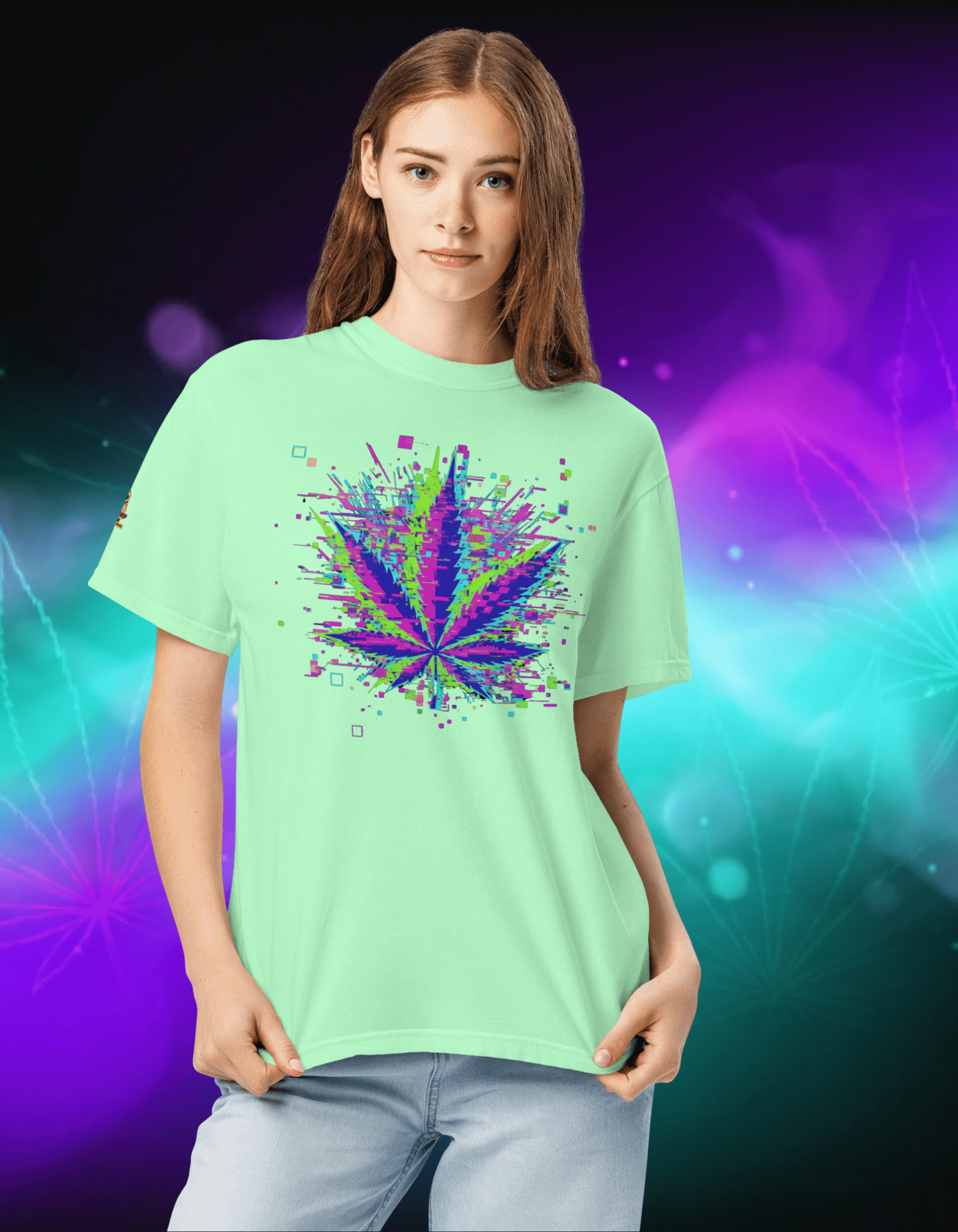 🌿 Koszulka Glitch Leaf – Cyfrowa Sztuka Konopi | Unisex Premium - PuffoShop