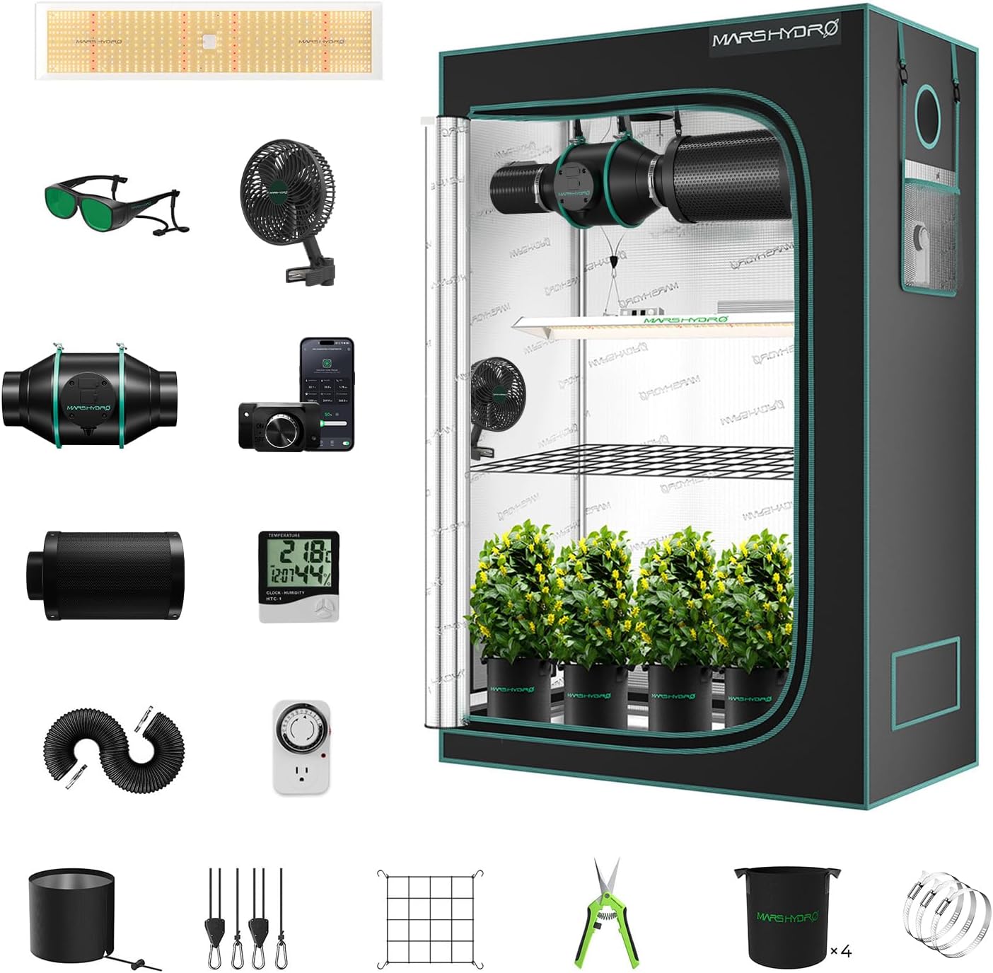 MARS HYDRO TSL2000 Growzelt Komplettset Led Grow Tent Kit LED Grow Light Grow Lampe 120X60X180cm Indoor Grow Set mit 4" Belüftungssatz - PuffoShop