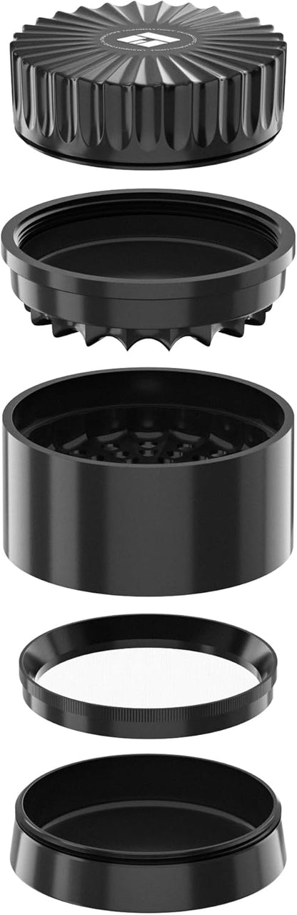 Premium Toothless Ceramic Grinder Calabasas czarny | Bezzębny | Powłoka nano - ceramiczna | 5 - częściowy | Młynek do kwiatów (Flower) (Mill) | w zestawie pokrywka do przechowywania i drobne sitko (czarny - PuffoShop