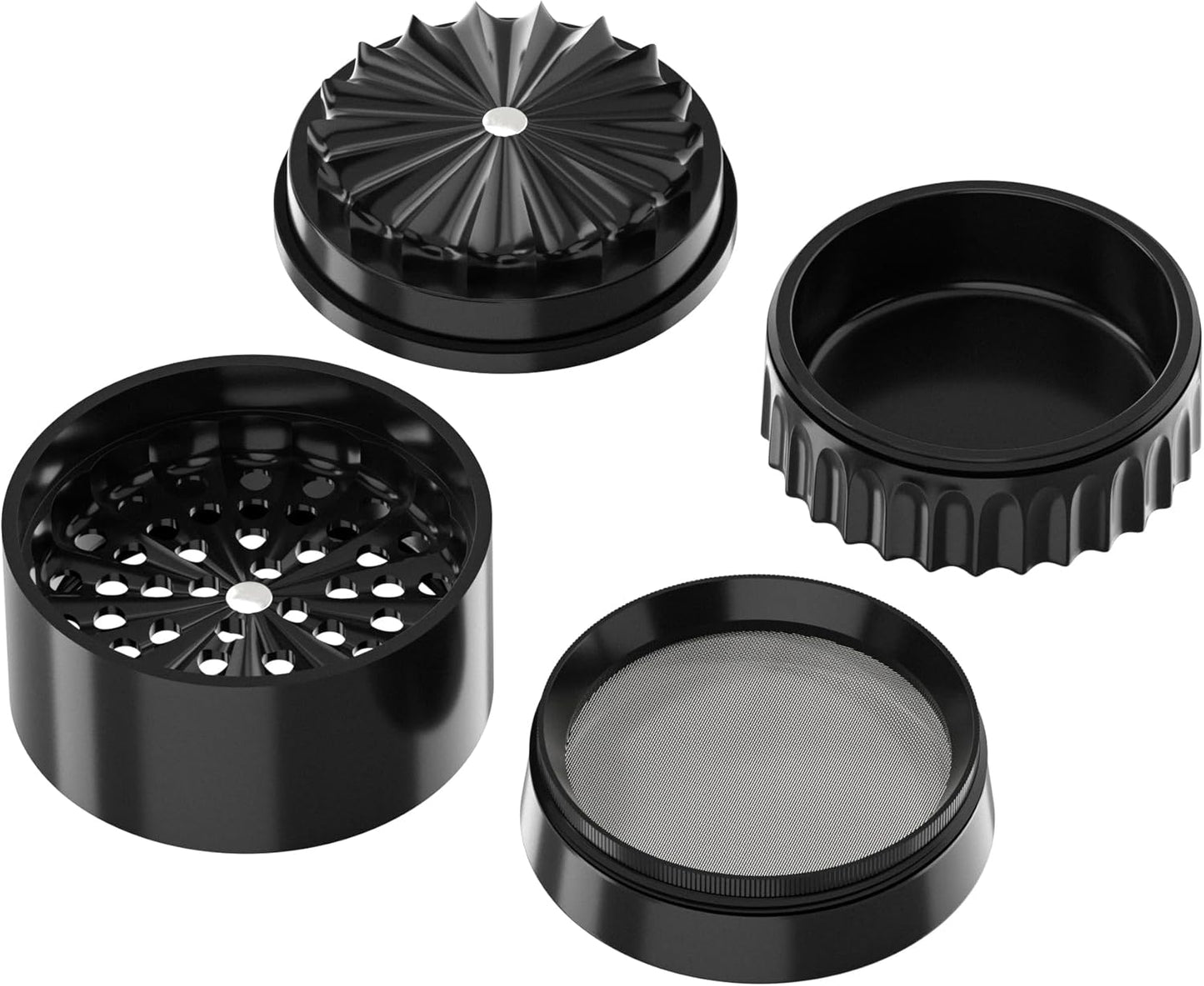 Premium Toothless Ceramic Grinder Calabasas czarny | Bezzębny | Powłoka nano - ceramiczna | 5 - częściowy | Młynek do kwiatów (Flower) (Mill) | w zestawie pokrywka do przechowywania i drobne sitko (czarny - PuffoShop