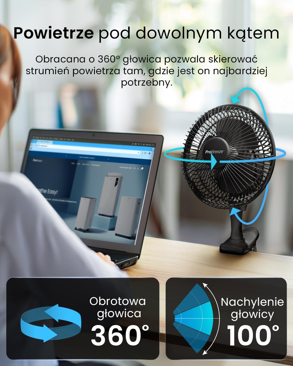 Pro Breeze Mały Wiatrak Wiatraczek z Klamrą, Biurowy Wentylator z Klipsem, Chłodzący Cichy Mocny, Średnica 15 cm, 2 Poziomy Prędkości, Chłodzący na Biurko do Sypialni Biura Gabinetu, 15 Watt, Czarny - PuffoShop