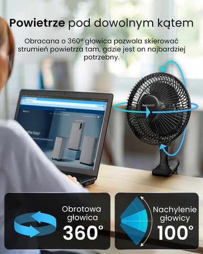 Pro Breeze Mały Wiatrak Wiatraczek z Klamrą, Biurowy Wentylator z Klipsem, Chłodzący Cichy Mocny, Średnica 15 cm, 2 Poziomy Prędkości, Chłodzący na Biurko do Sypialni Biura Gabinetu, 15 Watt, Czarny - PuffoShop