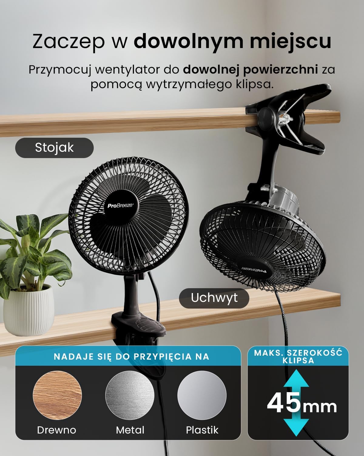 Pro Breeze Mały Wiatrak Wiatraczek z Klamrą, Biurowy Wentylator z Klipsem, Chłodzący Cichy Mocny, Średnica 15 cm, 2 Poziomy Prędkości, Chłodzący na Biurko do Sypialni Biura Gabinetu, 15 Watt, Czarny - PuffoShop