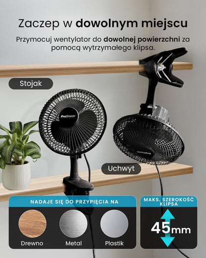 Pro Breeze Mały Wiatrak Wiatraczek z Klamrą, Biurowy Wentylator z Klipsem, Chłodzący Cichy Mocny, Średnica 15 cm, 2 Poziomy Prędkości, Chłodzący na Biurko do Sypialni Biura Gabinetu, 15 Watt, Czarny - PuffoShop