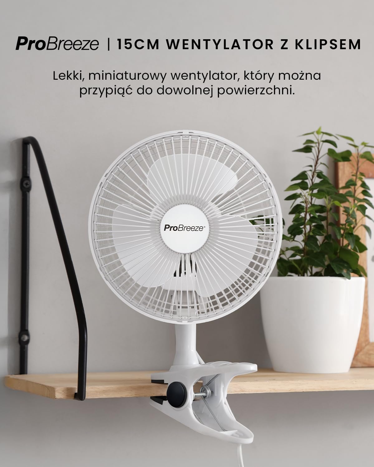 Pro Breeze Mały Wiatrak Wiatraczek z Klamrą, Biurowy Wentylator z Klipsem, Chłodzący Cichy Mocny, Średnica 15 cm, 2 Poziomy Prędkości, Chłodzący na Biurko do Sypialni Biura Gabinetu, 15 Watt, Czarny - PuffoShop