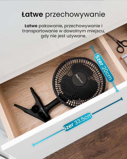 Pro Breeze Mały Wiatrak Wiatraczek z Klamrą, Biurowy Wentylator z Klipsem, Chłodzący Cichy Mocny, Średnica 15 cm, 2 Poziomy Prędkości, Chłodzący na Biurko do Sypialni Biura Gabinetu, 15 Watt, Czarny - PuffoShop