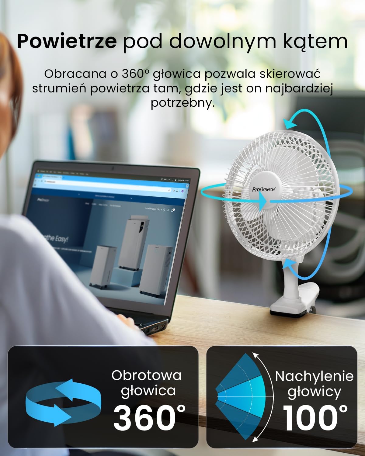 Pro Breeze Mały Wiatrak Wiatraczek z Klamrą, Biurowy Wentylator z Klipsem, Chłodzący Cichy Mocny, Średnica 15 cm, 2 Poziomy Prędkości, Chłodzący na Biurko do Sypialni Biura Gabinetu, 15 Watt, Czarny - PuffoShop