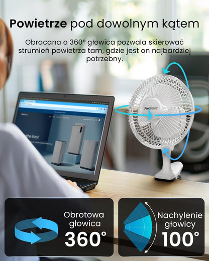Pro Breeze Mały Wiatrak Wiatraczek z Klamrą, Biurowy Wentylator z Klipsem, Chłodzący Cichy Mocny, Średnica 15 cm, 2 Poziomy Prędkości, Chłodzący na Biurko do Sypialni Biura Gabinetu, 15 Watt, Czarny - PuffoShop