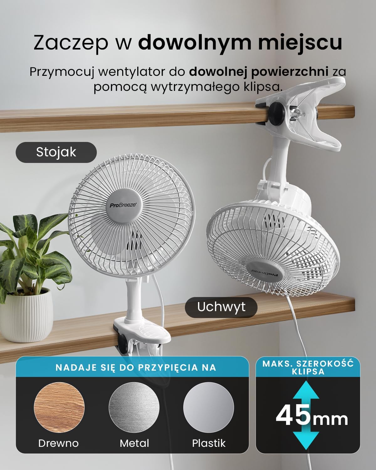 Pro Breeze Mały Wiatrak Wiatraczek z Klamrą, Biurowy Wentylator z Klipsem, Chłodzący Cichy Mocny, Średnica 15 cm, 2 Poziomy Prędkości, Chłodzący na Biurko do Sypialni Biura Gabinetu, 15 Watt, Czarny - PuffoShop