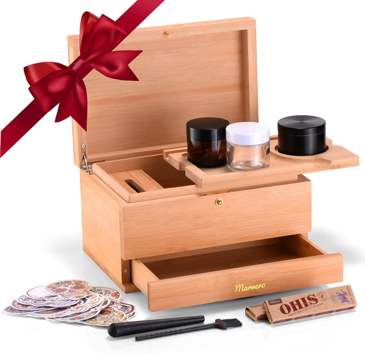 Pudełko do przechowywania – zestaw kombi – pudełko do przechowywania z papierem, siatką i szufladą, drewniane pudełko do przechowywania ziół, odporne na zapachy, taca, szklane słoiki, kratka - PuffoShop
