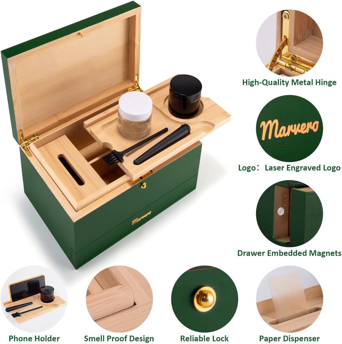 Pudełko do przechowywania – zestaw kombi – pudełko do przechowywania z papierem, siatką i szufladą, drewniane pudełko do przechowywania ziół, odporne na zapachy, taca, szklane słoiki, kratka - PuffoShop