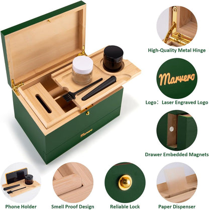 Pudełko do przechowywania – zestaw kombi – pudełko do przechowywania z papierem, siatką i szufladą, drewniane pudełko do przechowywania ziół, odporne na zapachy, taca, szklane słoiki, kratka - PuffoShop