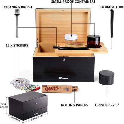 Pudełko do przechowywania – zestaw kombi – pudełko do przechowywania z papierem, siatką i szufladą, drewniane pudełko do przechowywania ziół, odporne na zapachy, taca, szklane słoiki, kratka - PuffoShop