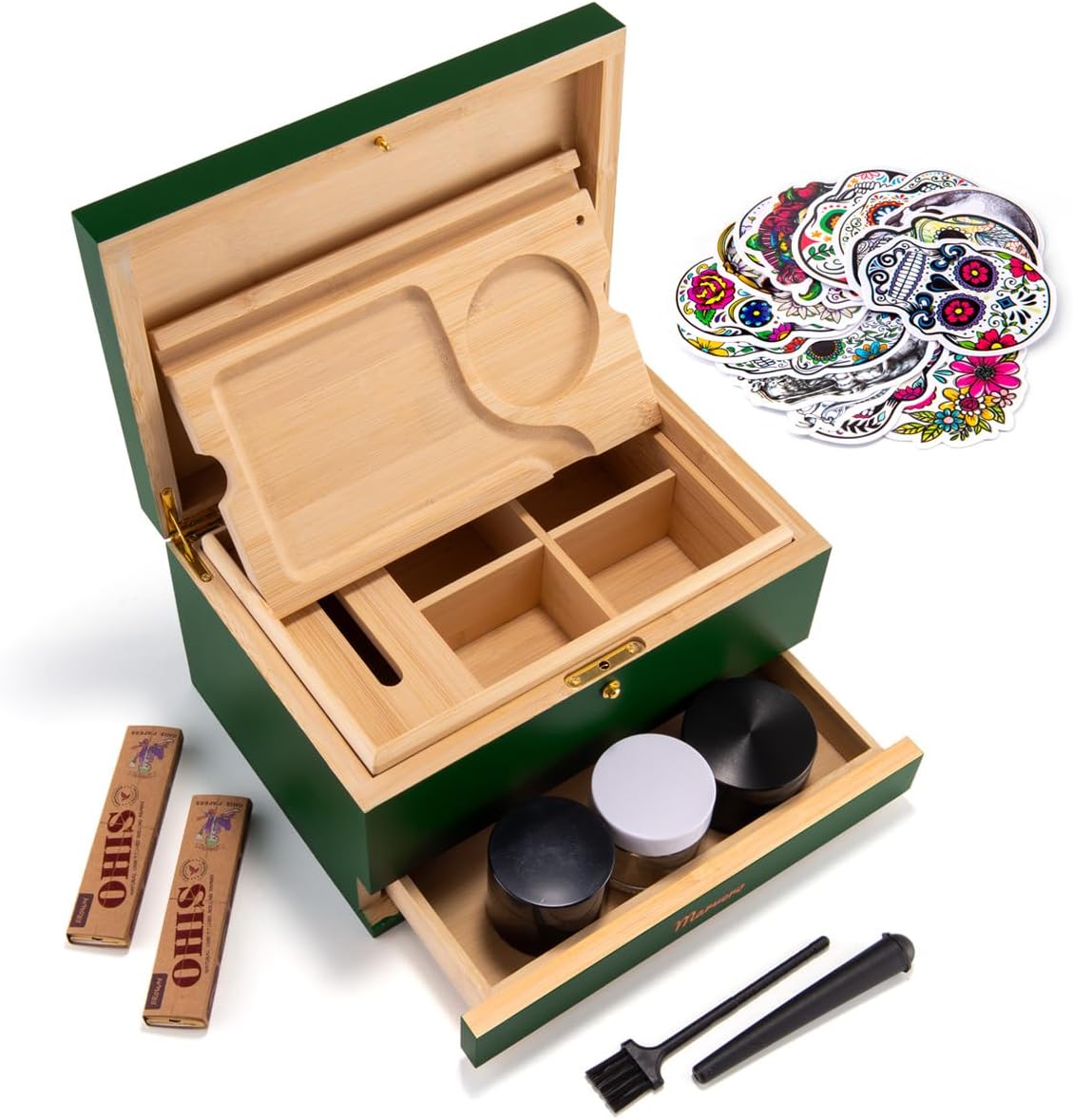 Pudełko do przechowywania – zestaw kombi – pudełko do przechowywania z papierem, siatką i szufladą, drewniane pudełko do przechowywania ziół, odporne na zapachy, taca, szklane słoiki, kratka - PuffoShop