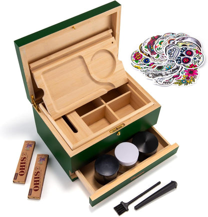 Pudełko do przechowywania – zestaw kombi – pudełko do przechowywania z papierem, siatką i szufladą, drewniane pudełko do przechowywania ziół, odporne na zapachy, taca, szklane słoiki, kratka - PuffoShop