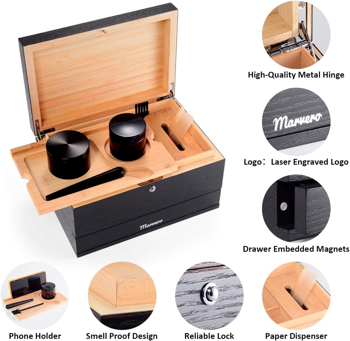 Pudełko do przechowywania – zestaw kombi – pudełko do przechowywania z papierem, siatką i szufladą, drewniane pudełko do przechowywania ziół, odporne na zapachy, taca, szklane słoiki, kratka - PuffoShop