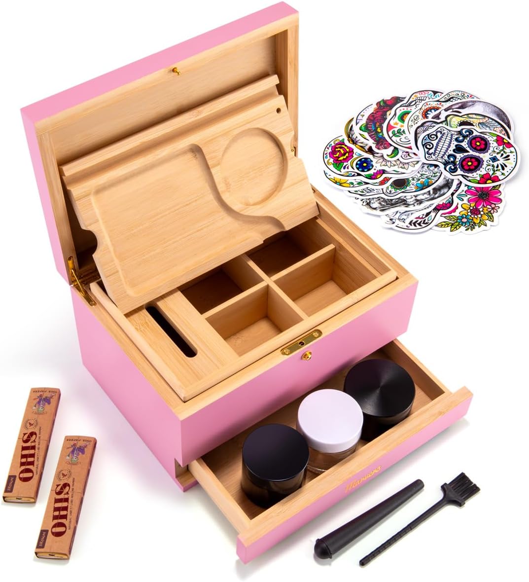 Pudełko do przechowywania – zestaw kombi – pudełko do przechowywania z papierem, siatką i szufladą, drewniane pudełko do przechowywania ziół, odporne na zapachy, taca, szklane słoiki, kratka - PuffoShop