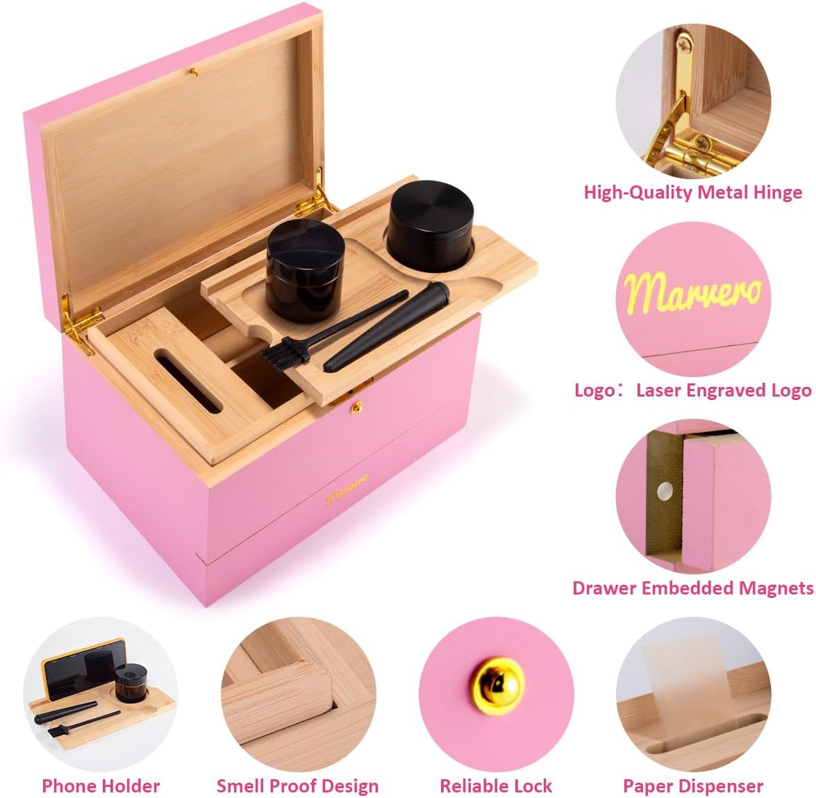 Pudełko do przechowywania – zestaw kombi – pudełko do przechowywania z papierem, siatką i szufladą, drewniane pudełko do przechowywania ziół, odporne na zapachy, taca, szklane słoiki, kratka - PuffoShop