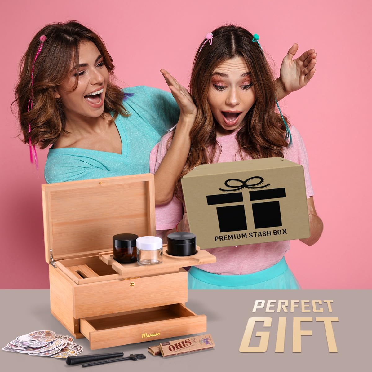 Pudełko do przechowywania – zestaw kombi – pudełko do przechowywania z papierem, siatką i szufladą, drewniane pudełko do przechowywania ziół, odporne na zapachy, taca, szklane słoiki, kratka - PuffoShop