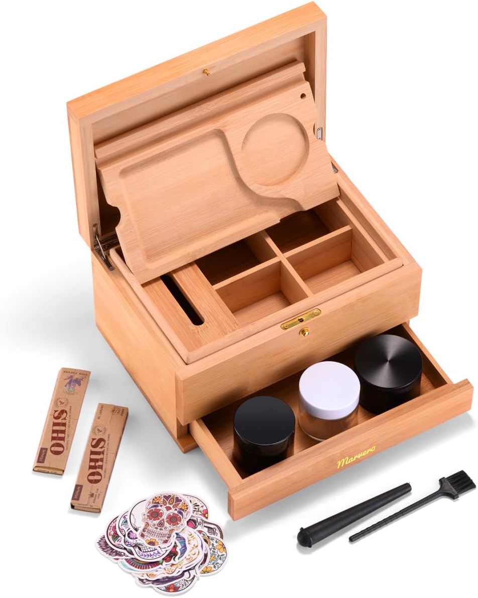 Pudełko do przechowywania – zestaw kombi – pudełko do przechowywania z papierem, siatką i szufladą, drewniane pudełko do przechowywania ziół, odporne na zapachy, taca, szklane słoiki, kratka - PuffoShop