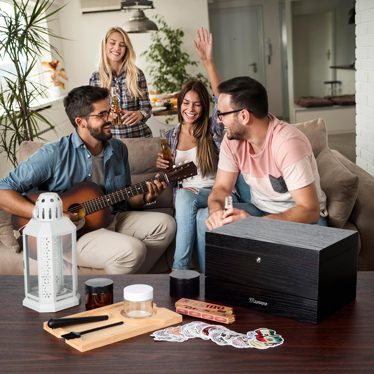 Pudełko do przechowywania – zestaw kombi – pudełko do przechowywania z papierem, siatką i szufladą, drewniane pudełko do przechowywania ziół, odporne na zapachy, taca, szklane słoiki, kratka - PuffoShop