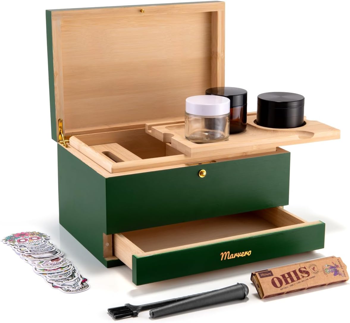 Pudełko do przechowywania – zestaw kombi – pudełko do przechowywania z papierem, siatką i szufladą, drewniane pudełko do przechowywania ziół, odporne na zapachy, taca, szklane słoiki, kratka - PuffoShop