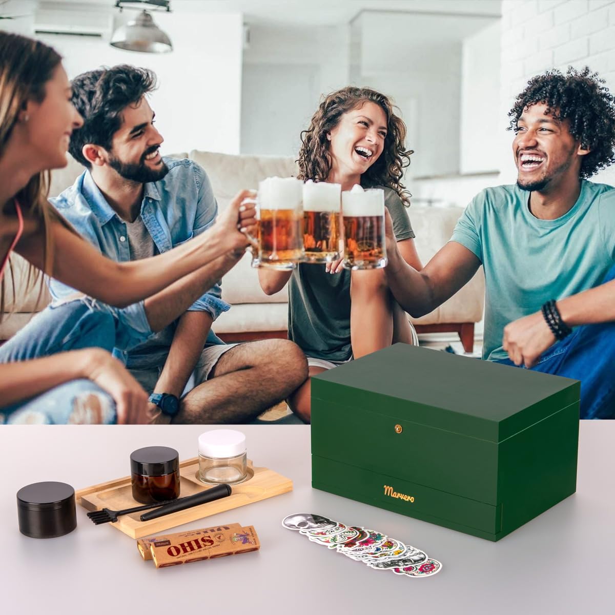 Pudełko do przechowywania – zestaw kombi – pudełko do przechowywania z papierem, siatką i szufladą, drewniane pudełko do przechowywania ziół, odporne na zapachy, taca, szklane słoiki, kratka - PuffoShop