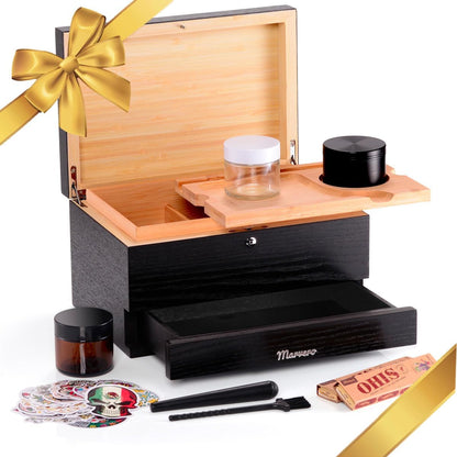 Pudełko do przechowywania – zestaw kombi – pudełko do przechowywania z papierem, siatką i szufladą, drewniane pudełko do przechowywania ziół, odporne na zapachy, taca, szklane słoiki, kratka - PuffoShop