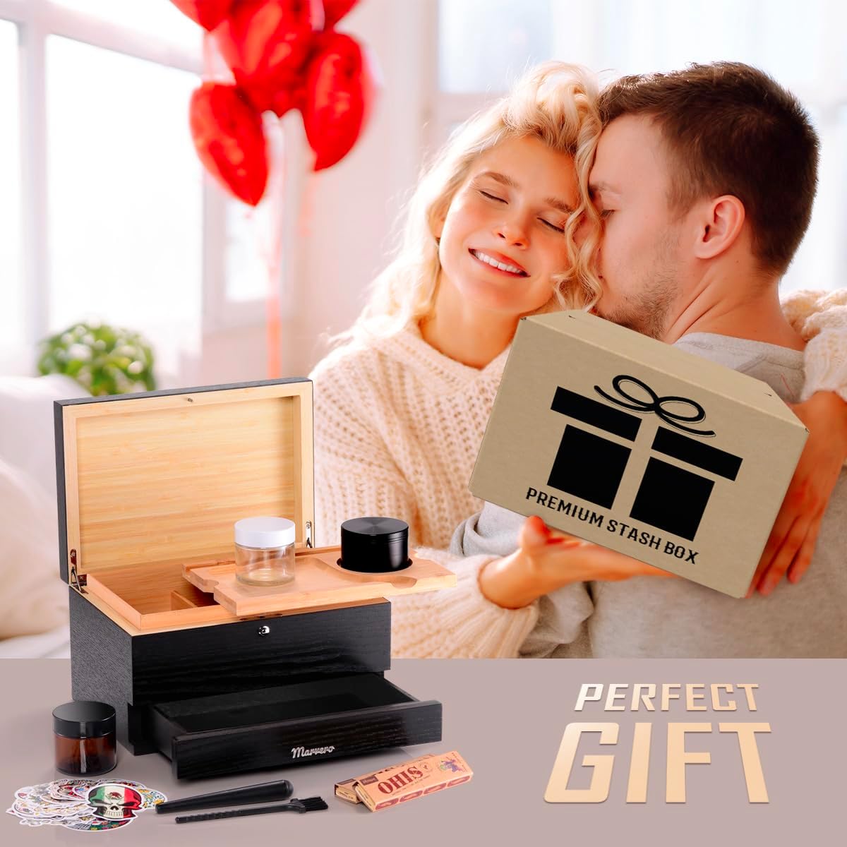 Pudełko do przechowywania – zestaw kombi – pudełko do przechowywania z papierem, siatką i szufladą, drewniane pudełko do przechowywania ziół, odporne na zapachy, taca, szklane słoiki, kratka - PuffoShop