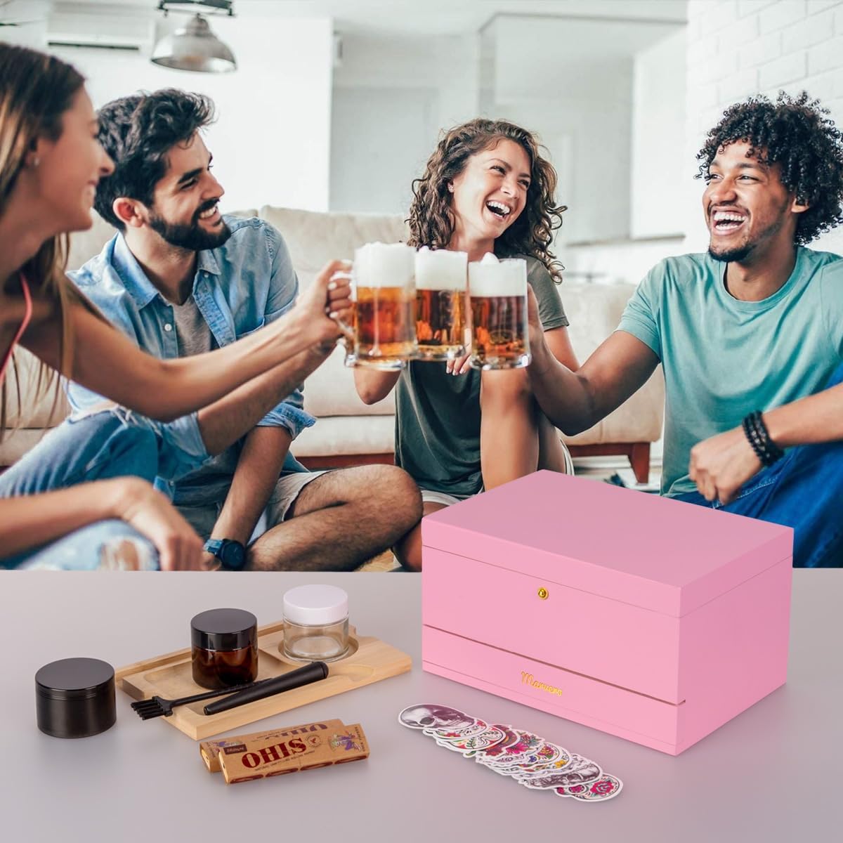 Pudełko do przechowywania – zestaw kombi – pudełko do przechowywania z papierem, siatką i szufladą, drewniane pudełko do przechowywania ziół, odporne na zapachy, taca, szklane słoiki, kratka - PuffoShop