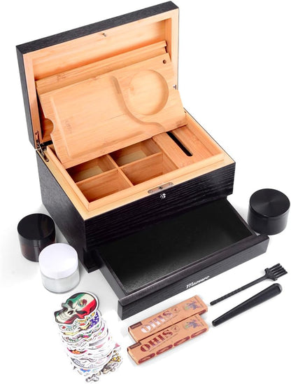 Pudełko do przechowywania – zestaw kombi – pudełko do przechowywania z papierem, siatką i szufladą, drewniane pudełko do przechowywania ziół, odporne na zapachy, taca, szklane słoiki, kratka - PuffoShop