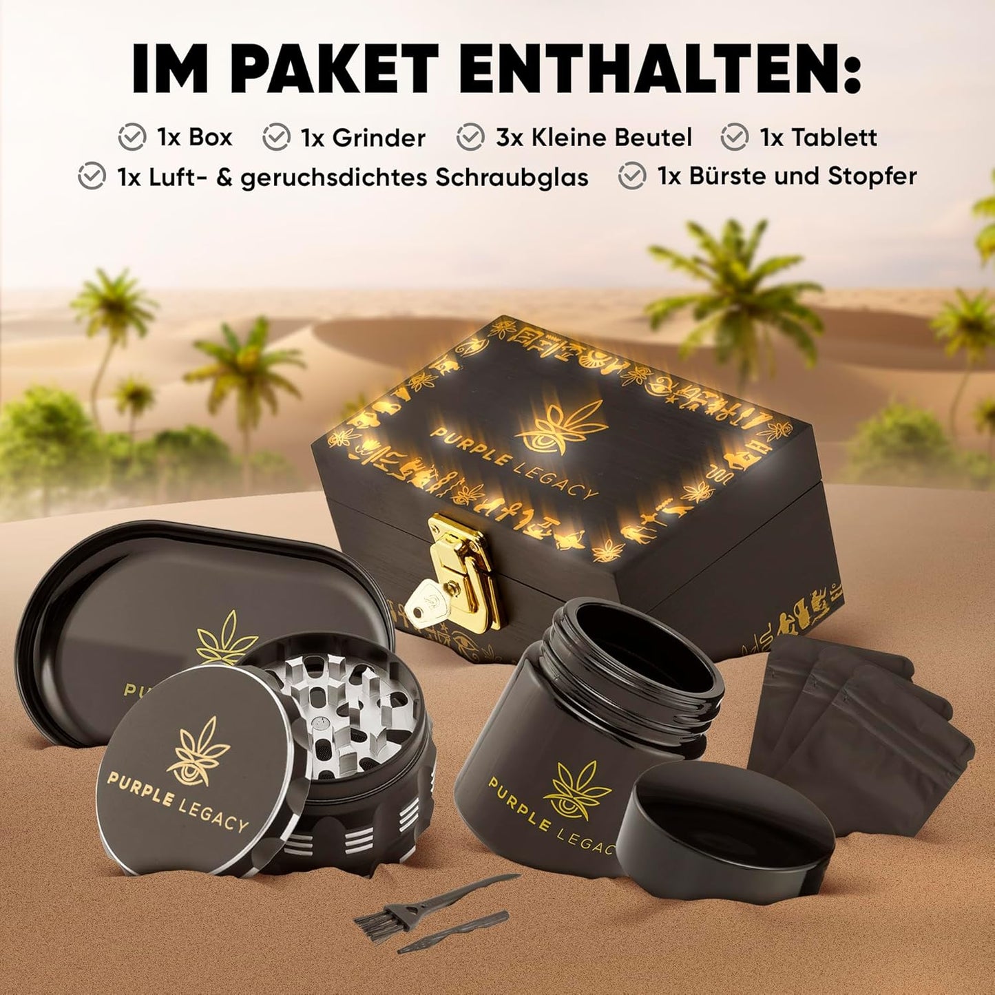 Sphinx's Secret Sanctuary zestaw prezentowy, zamykana, z bambusa, pudełko do przechowywania z kruszarką, tacą, szkłem UV i akcesoriami, pudełko do przechowywania z zamkiem, duży - PuffoShop