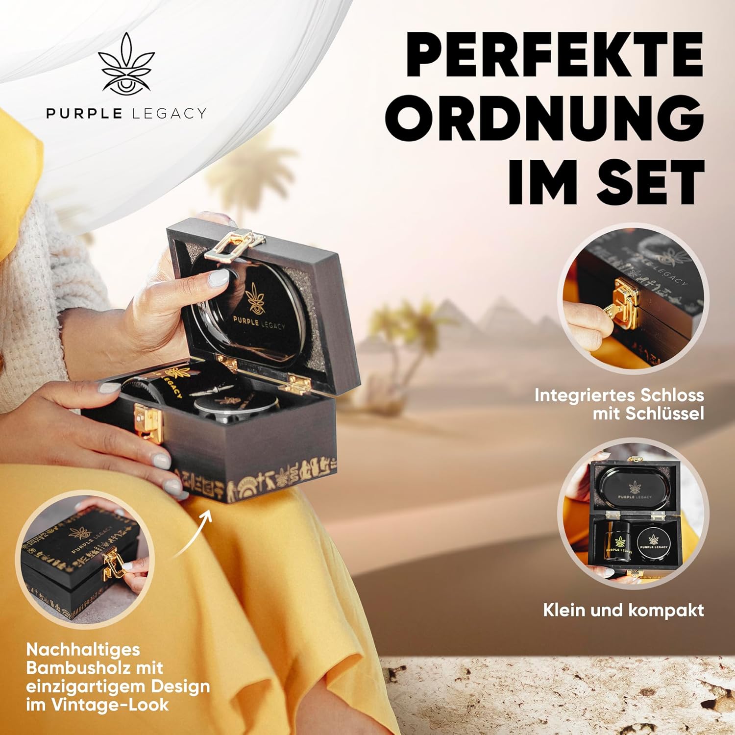 Sphinx's Secret Sanctuary zestaw prezentowy, zamykana, z bambusa, pudełko do przechowywania z kruszarką, tacą, szkłem UV i akcesoriami, pudełko do przechowywania z zamkiem, duży - PuffoShop