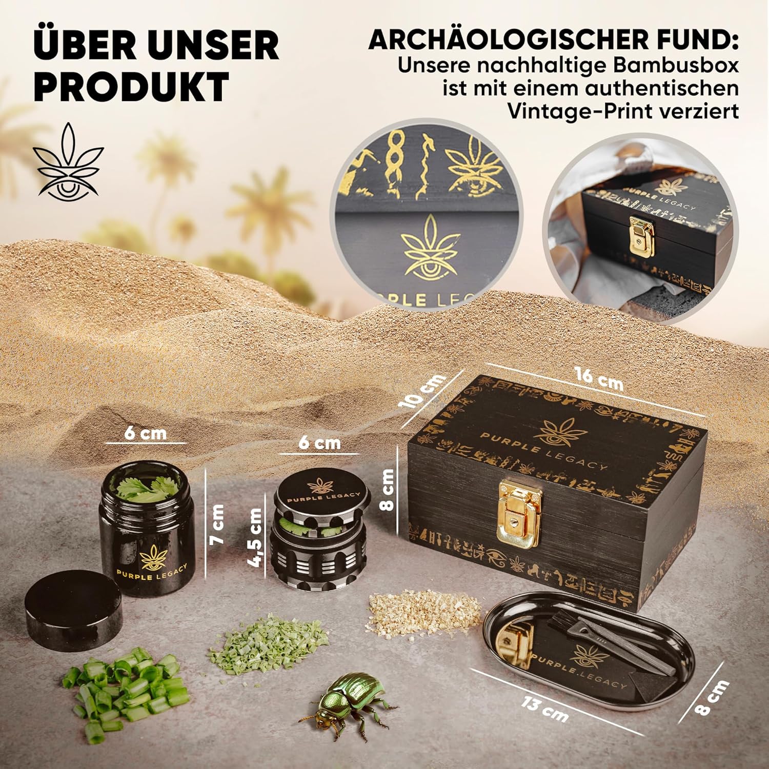 Sphinx's Secret Sanctuary zestaw prezentowy, zamykana, z bambusa, pudełko do przechowywania z kruszarką, tacą, szkłem UV i akcesoriami, pudełko do przechowywania z zamkiem, duży - PuffoShop