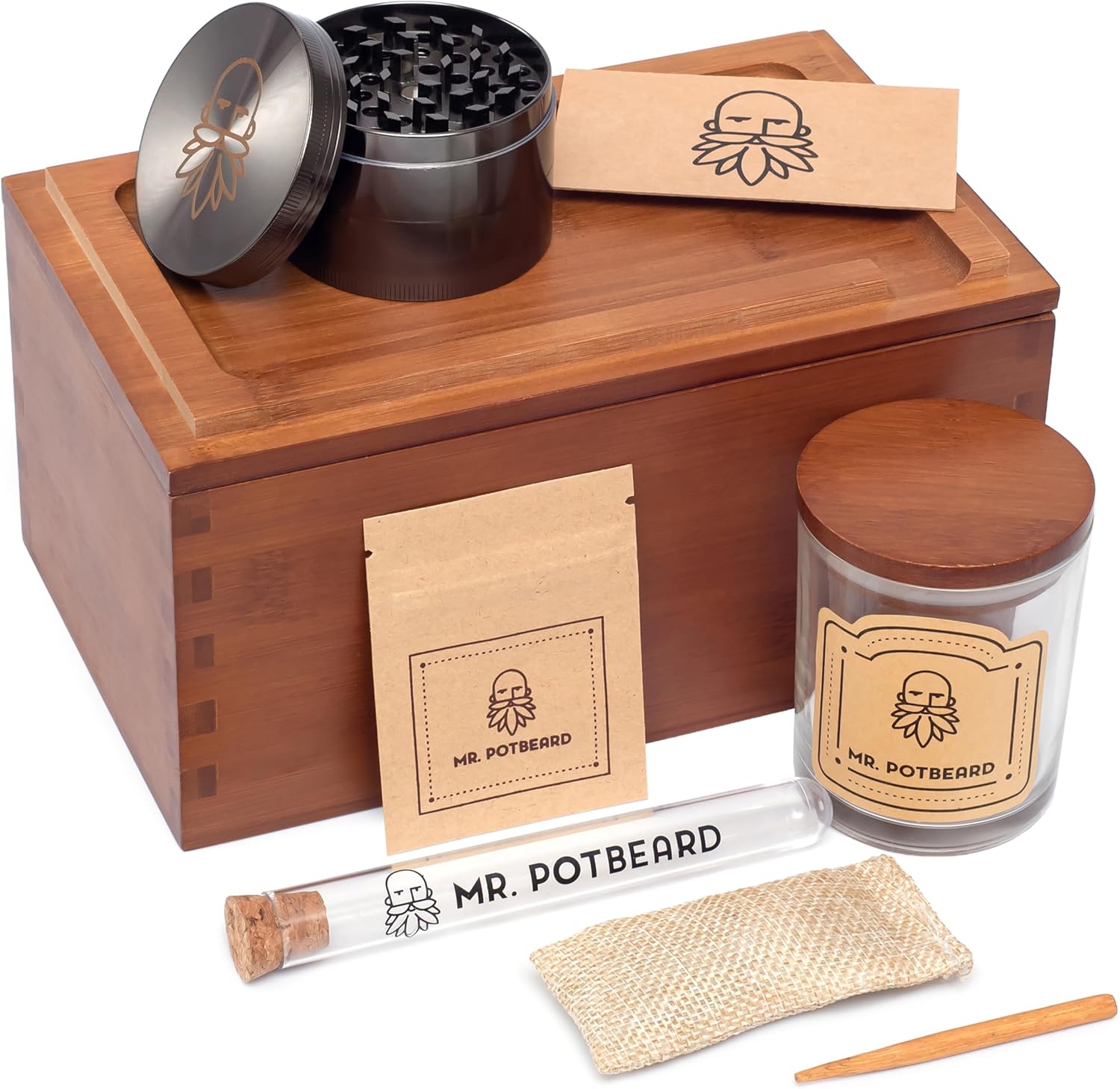 Stash Box zestaw akcesoriów do przechowywania suszonych ziół z młynkiem, pochłaniaczem zapachów w zestawie 2 hermetyczne pojemniki, narzędzie do ubijania i tacka - PuffoShop